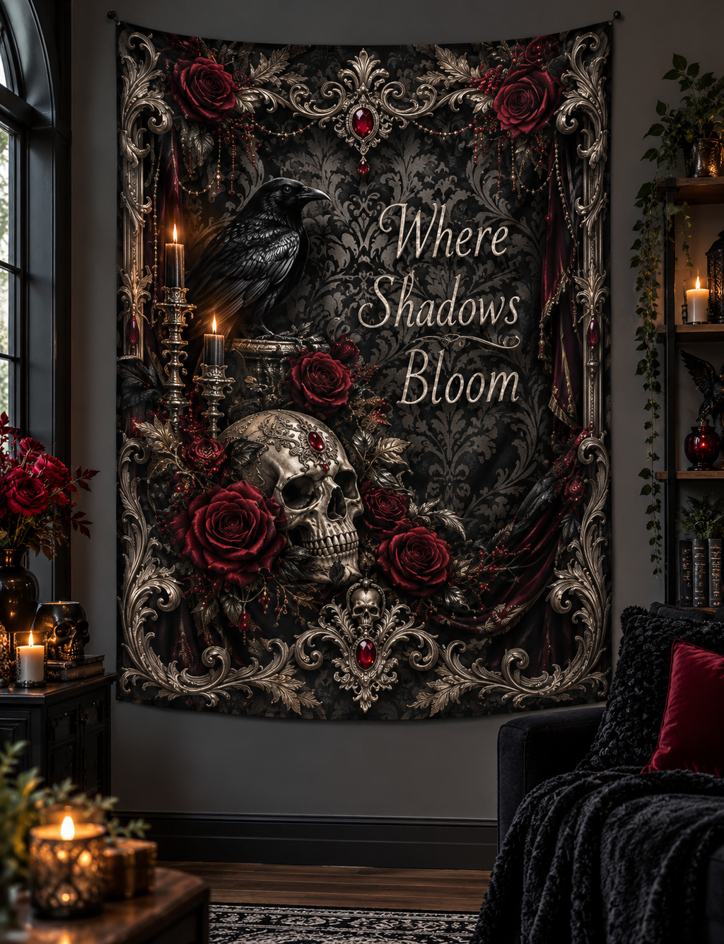 Elegant Gothic Wall Tapestry — Skull, Raven & Burgundy Roses | “Where Shadows Bloom”
