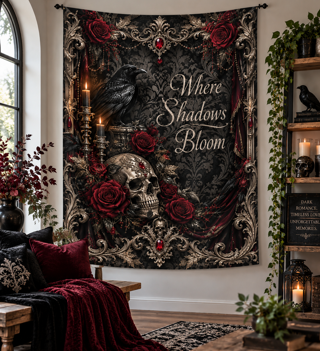 Elegant Gothic Wall Tapestry — Skull, Raven & Burgundy Roses | “Where Shadows Bloom”