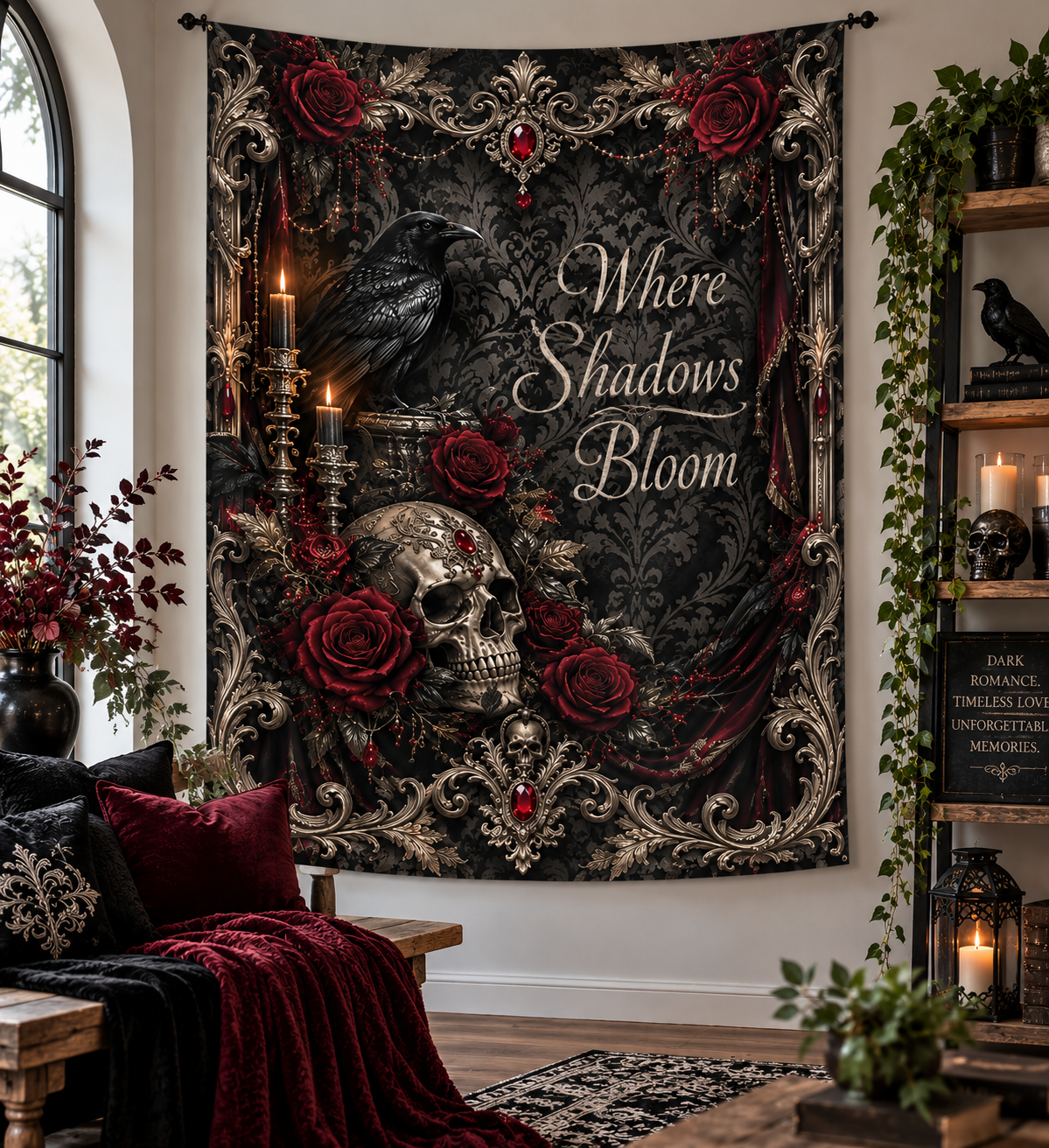 Elegant Gothic Wall Tapestry — Skull, Raven & Burgundy Roses | “Where Shadows Bloom”