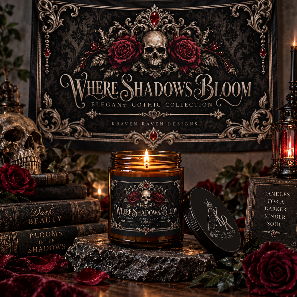 Where Shadows Bloom — Elegant Gothic Scented Soy Candle | Amber Jar, 4 oz & 9 oz