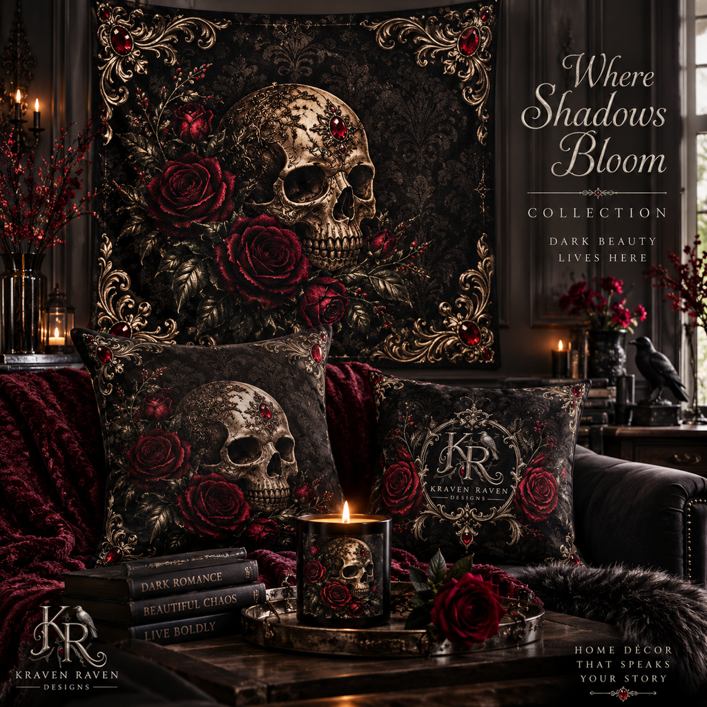 Where Shadows Bloom — Gothic Skull & Burgundy Rose Faux Linen Pillow