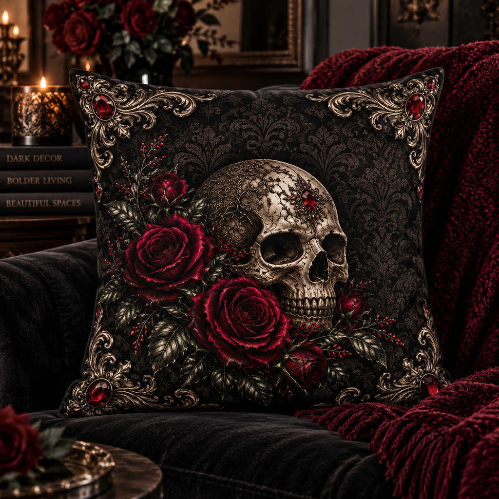 Where Shadows Bloom — Gothic Skull & Burgundy Rose Faux Linen Pillow