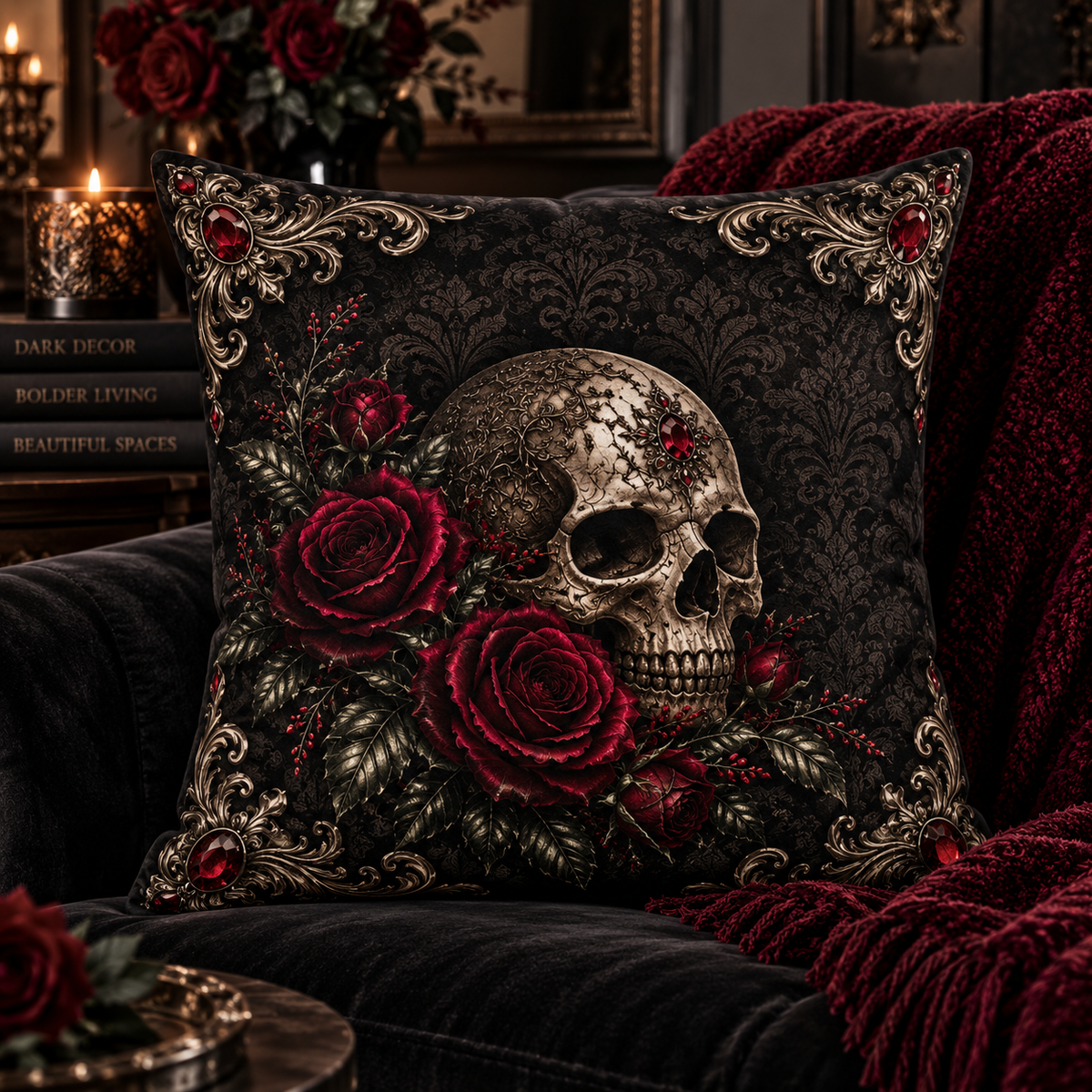 Where Shadows Bloom — Gothic Skull & Burgundy Rose Faux Linen Pillow