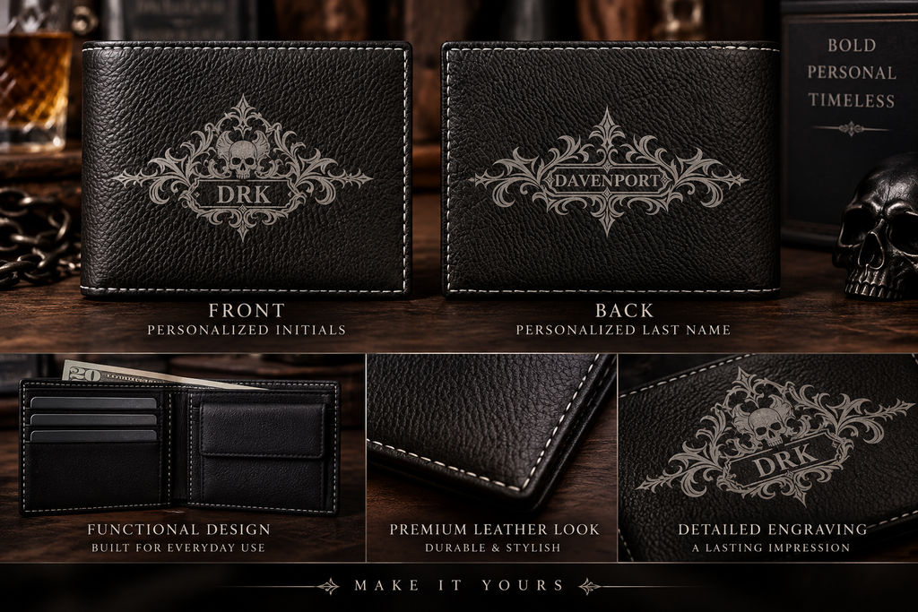 Personalized Gothic Skull Bi-Fold Wallet – Custom Initials & Last Name