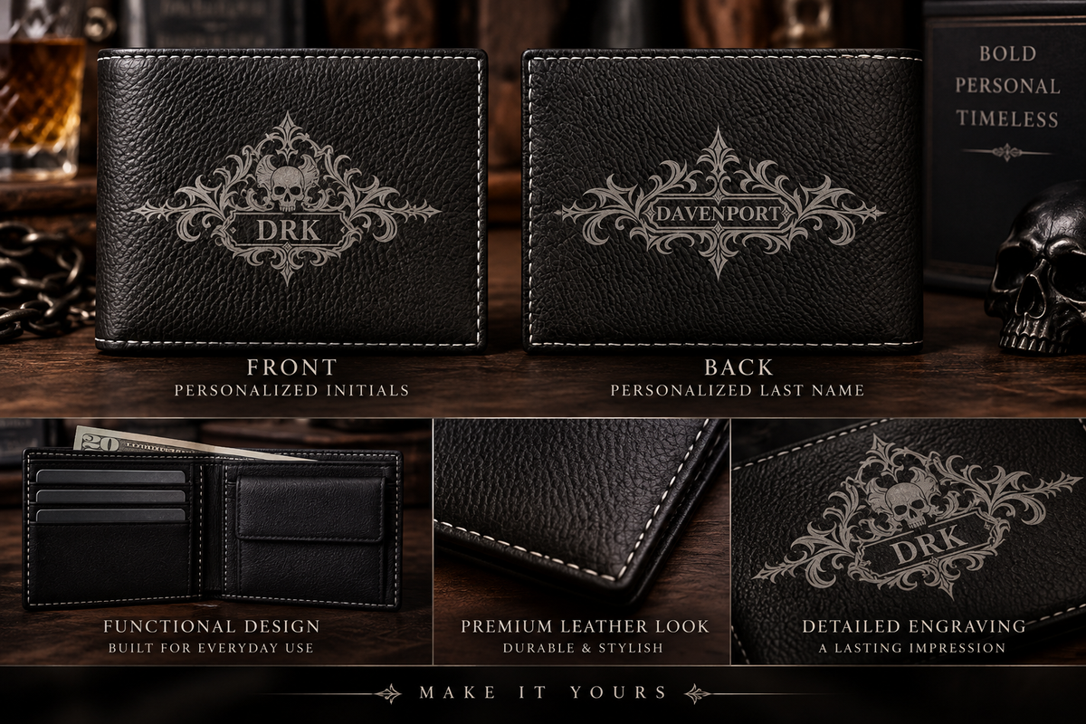 Personalized Gothic Skull Bi-Fold Wallet – Custom Initials & Last Name