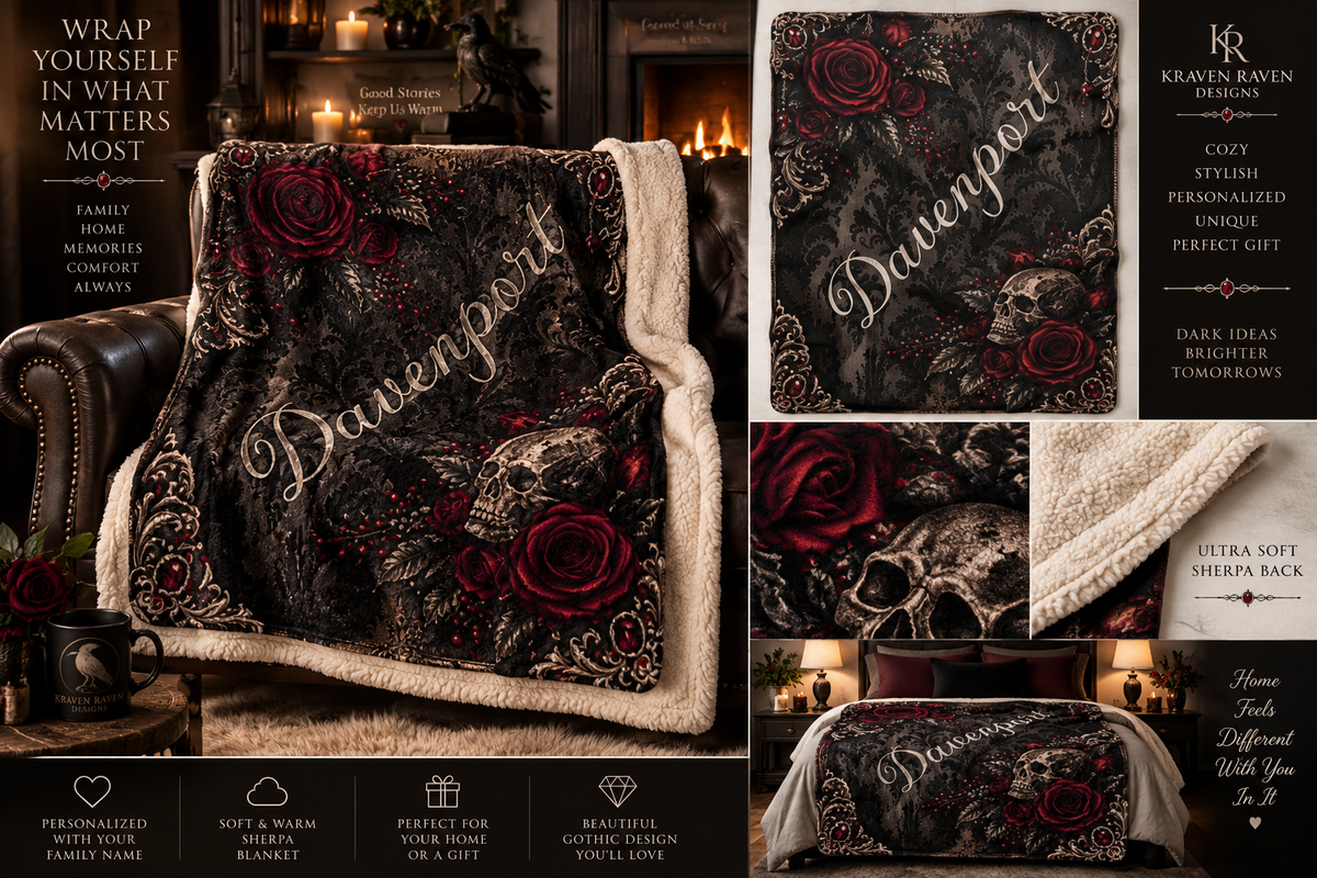 Personalized Elegant Gothic Sherpa Blanket — Custom Family Name, Skull & Burgundy Roses