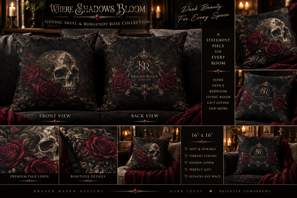 Where Shadows Bloom — Gothic Skull & Burgundy Rose Faux Linen Pillow
