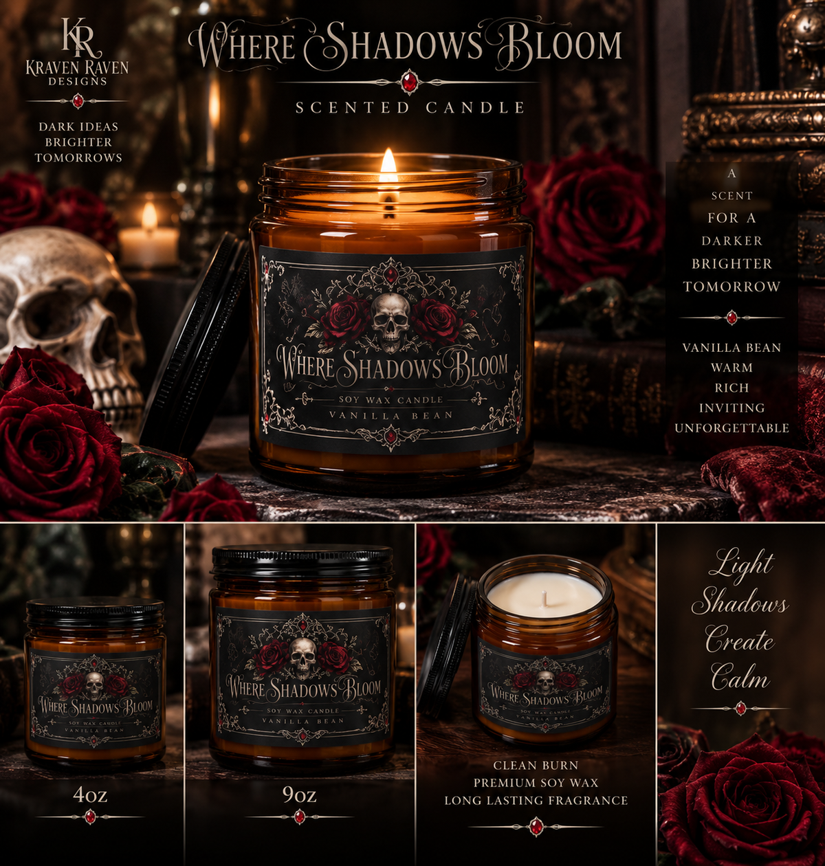 Where Shadows Bloom — Elegant Gothic Scented Soy Candle | Amber Jar, 4 oz & 9 oz