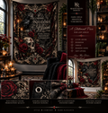 Elegant Gothic Wall Tapestry — Skull, Raven & Burgundy Roses | “Where Shadows Bloom”
