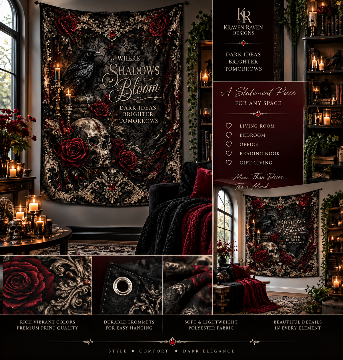 Elegant Gothic Wall Tapestry — Skull, Raven & Burgundy Roses | “Where Shadows Bloom”