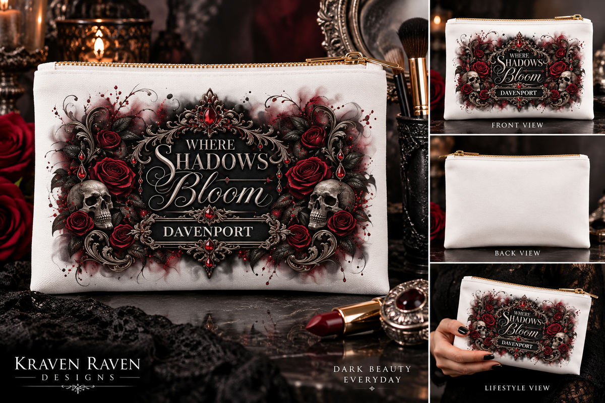 Personalized Where Shadows Bloom Gothic Cosmetic Bag — Custom Name Skull & Burgundy Roses