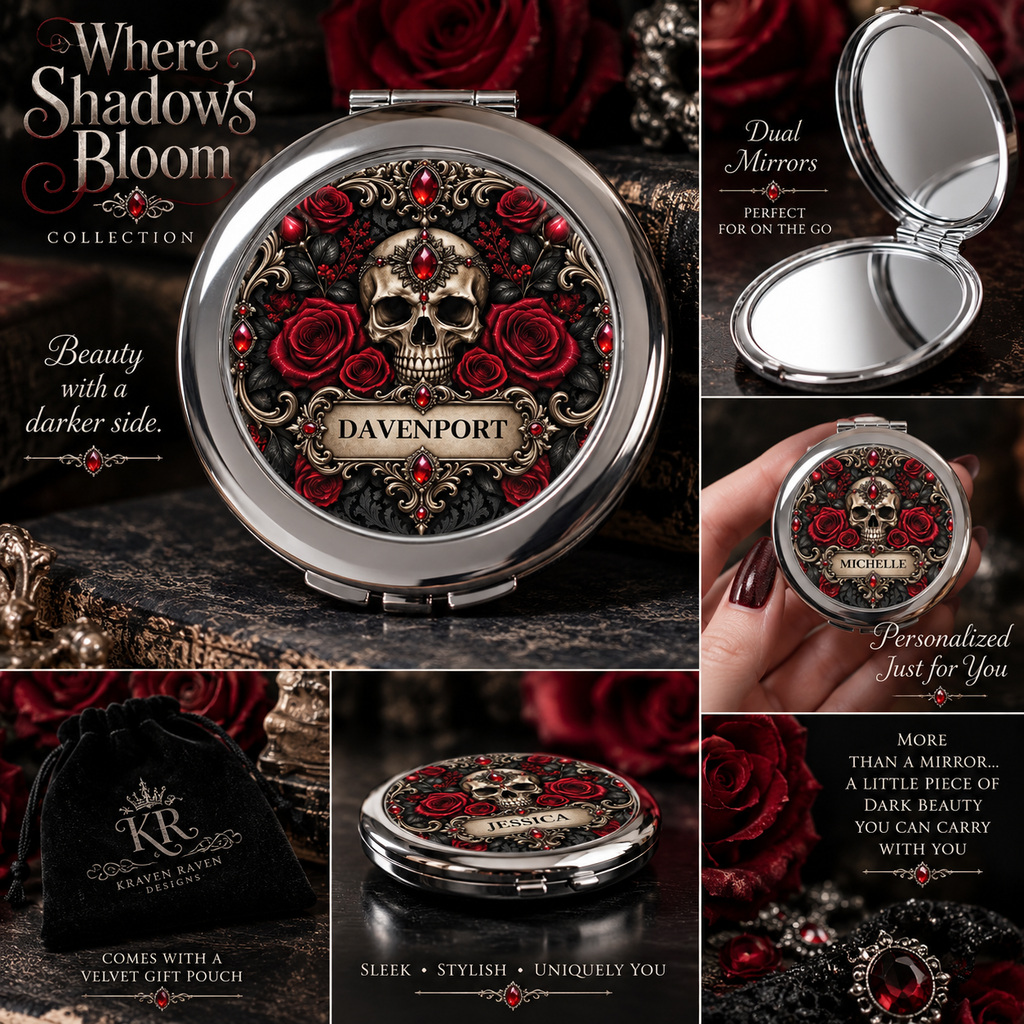 Personalized Gothic Compact Mirror — Where Shadows Bloom Skull & Roses