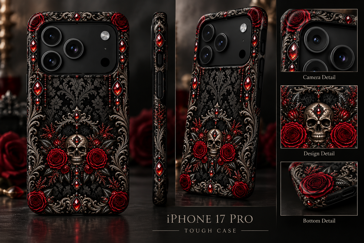 Where Shadows Bloom Gothic Phone Case — Skull & Burgundy Roses Impact-Resistant Case