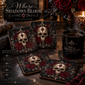 Where Shadows Bloom Gothic Coaster Set — Skull & Burgundy Roses (Set of 4)