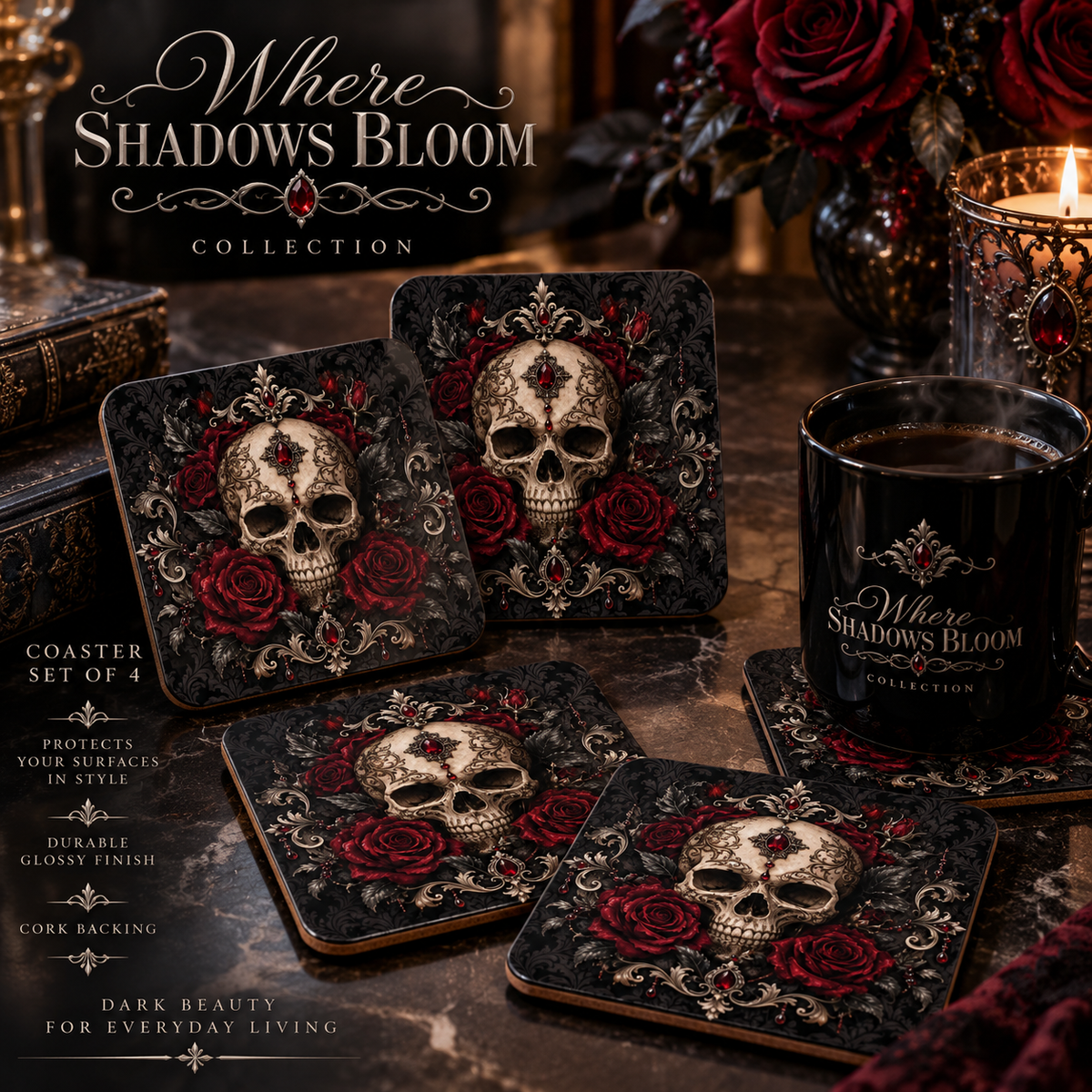Where Shadows Bloom Gothic Coaster Set — Skull & Burgundy Roses (Set of 4)