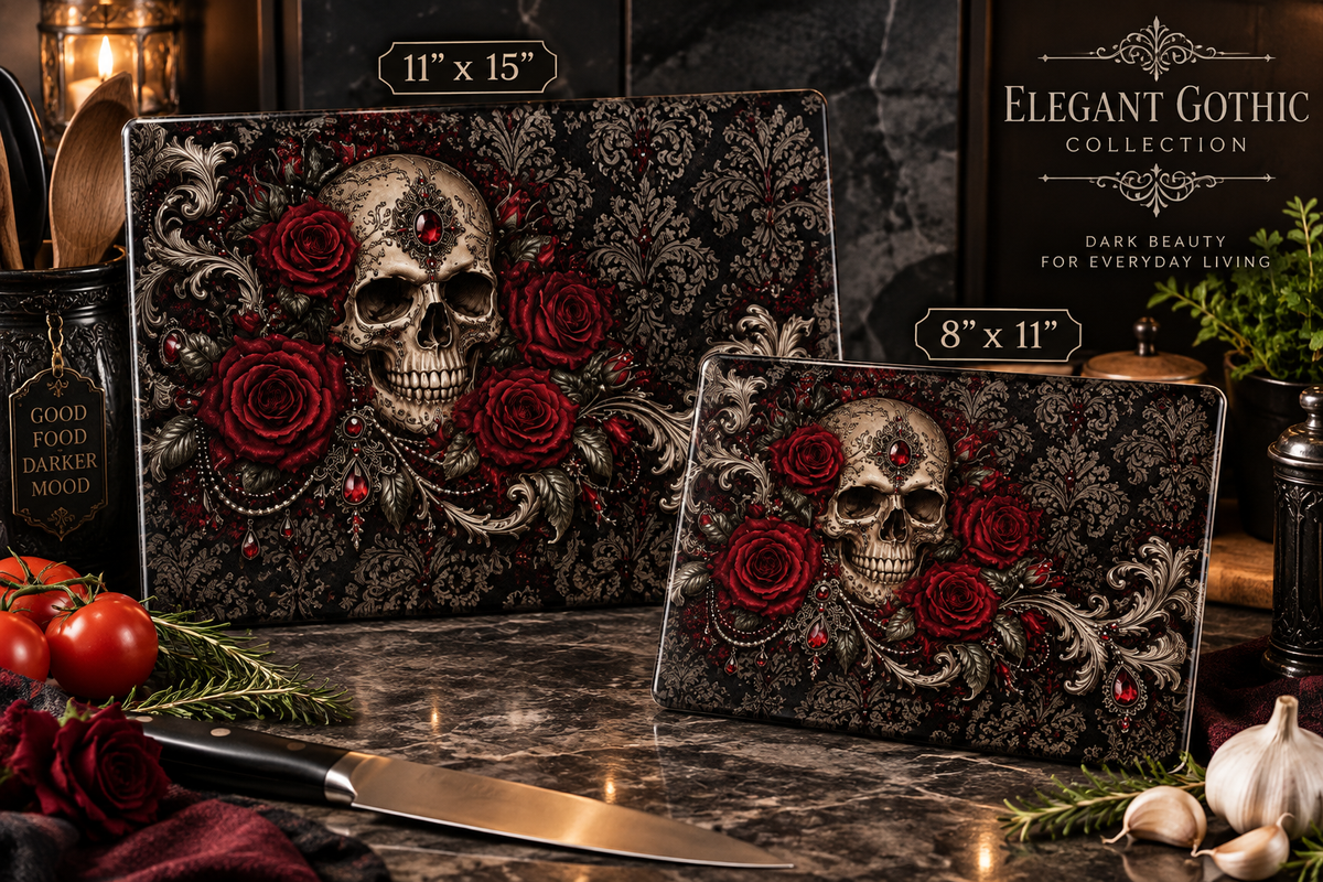Where Shadows Bloom Gothic Glass Cutting Board — Skull & Burgundy Roses