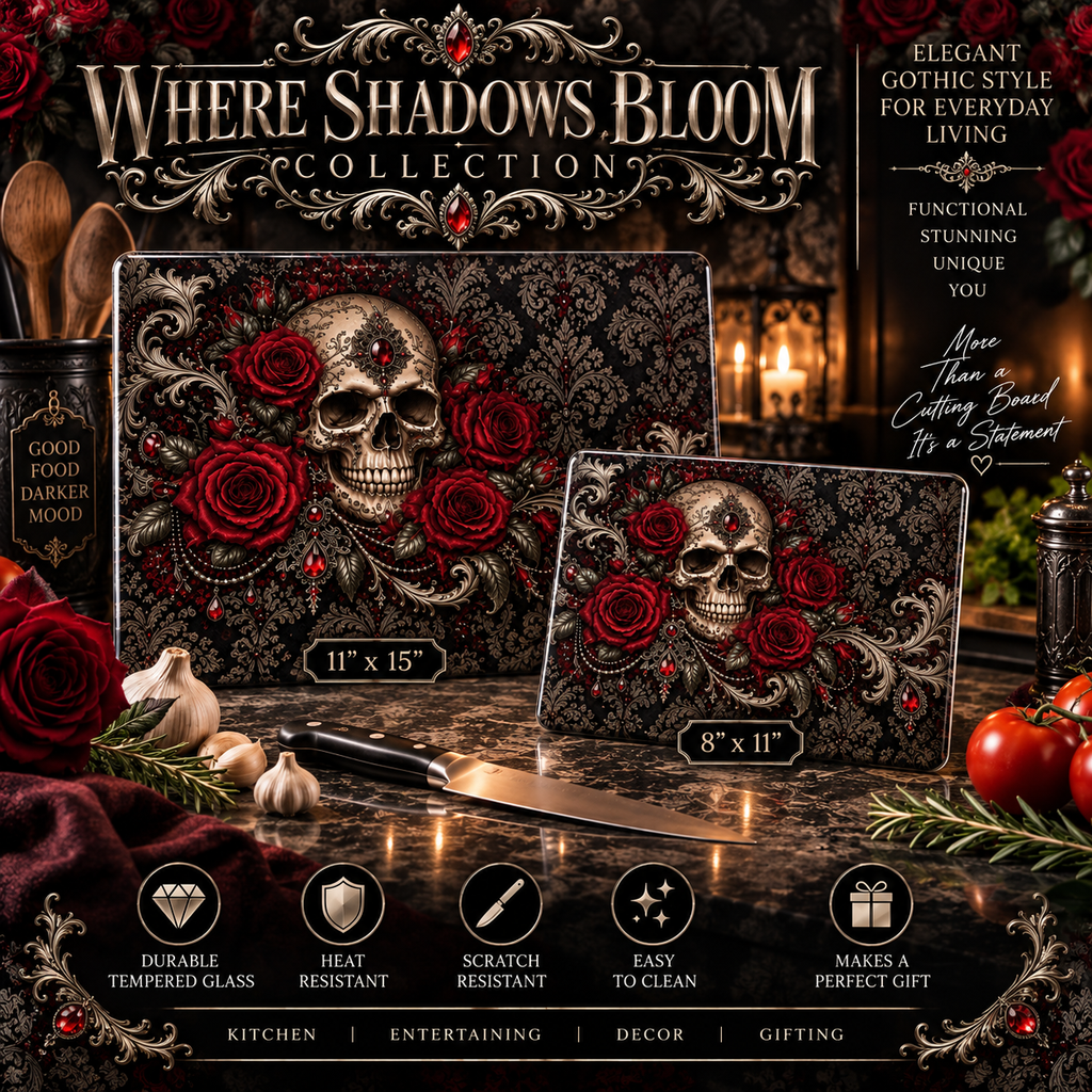 Where Shadows Bloom Gothic Glass Cutting Board — Skull & Burgundy Roses