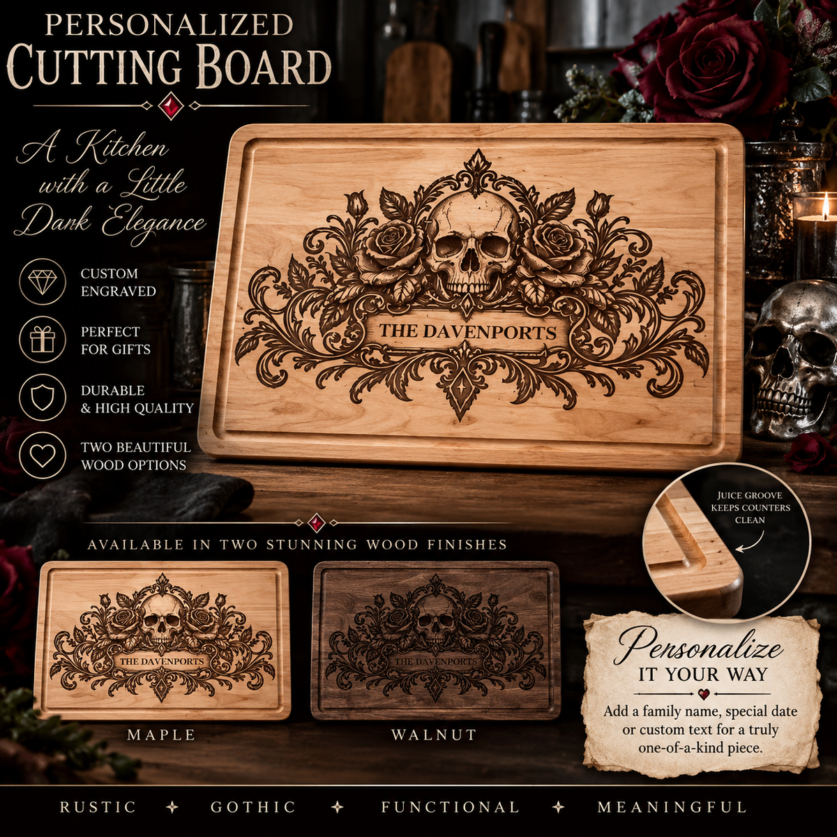 Where Shadows Bloom Personalized Gothic Cutting Board — Engraved Skull & Roses