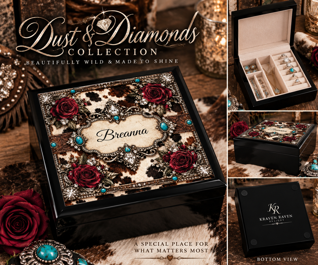 Dust & Diamonds Personalized Jewelry Box — Cowhide, Burgundy Roses & Rhinestone Design
