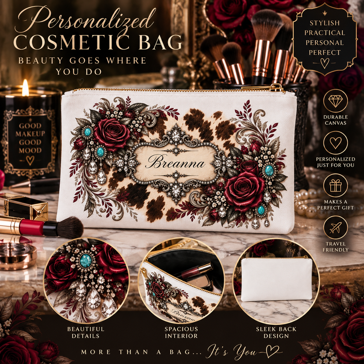 Personalized Cowhide & Burgundy Rose Cosmetic Bag — Custom Name Makeup Pouch