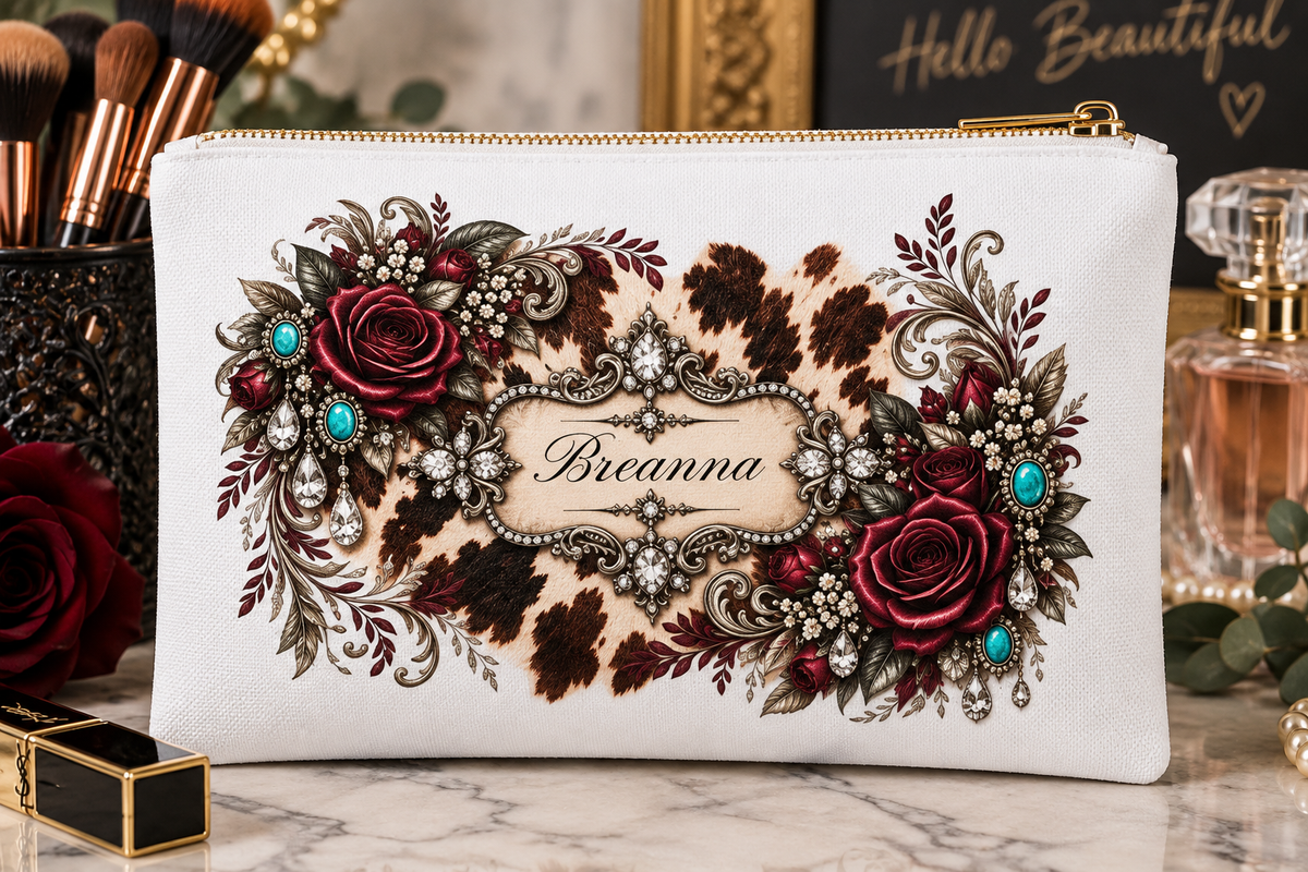 Personalized Cowhide & Burgundy Rose Cosmetic Bag — Custom Name Makeup Pouch