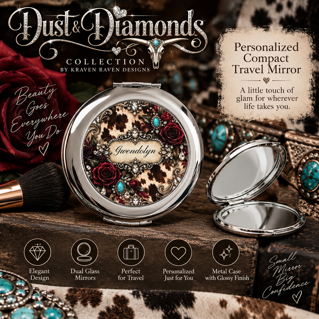 Personalized Cowhide Compact Mirror — Burgundy Roses, Rhinestones & Turquoise