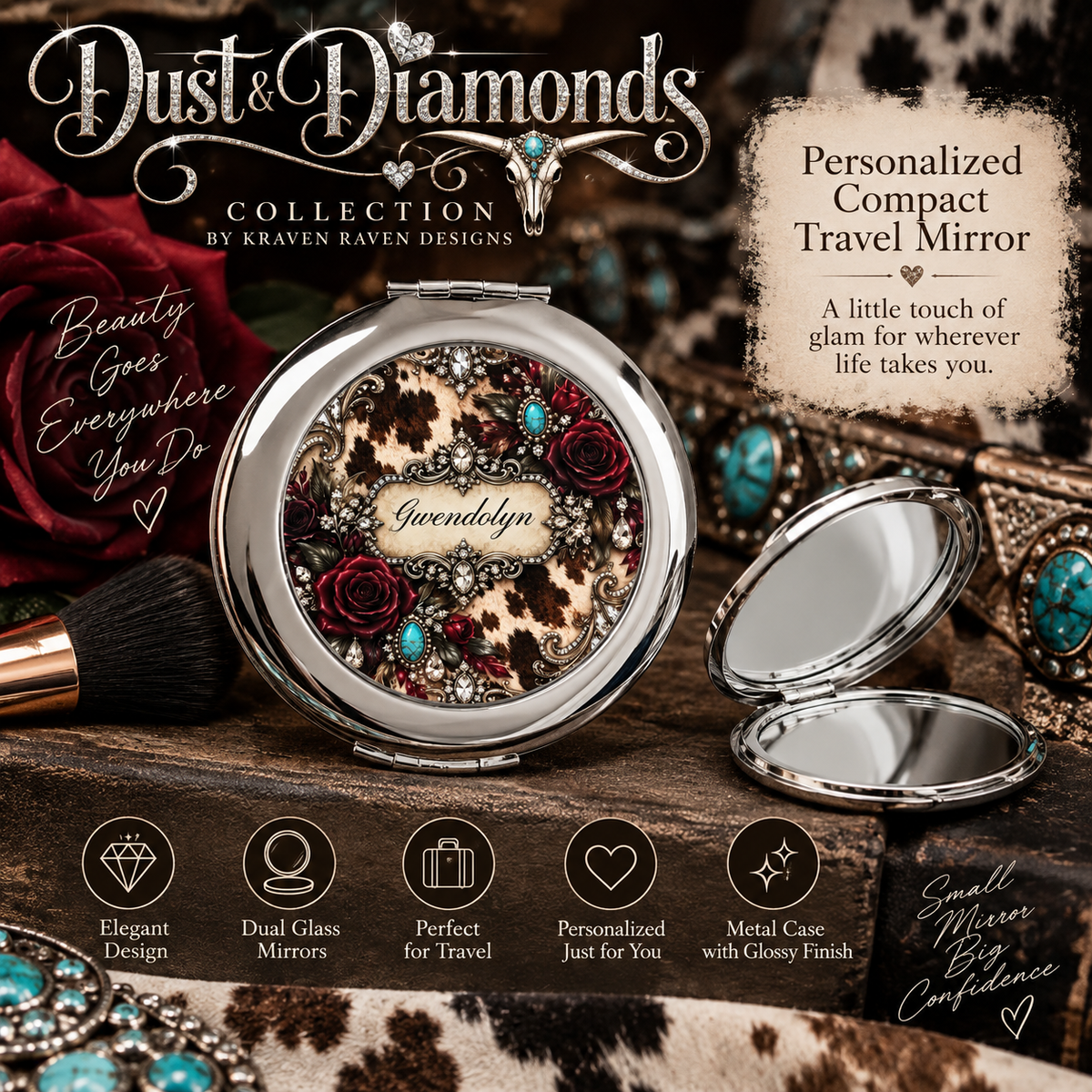 Personalized Cowhide Compact Mirror — Burgundy Roses, Rhinestones & Turquoise