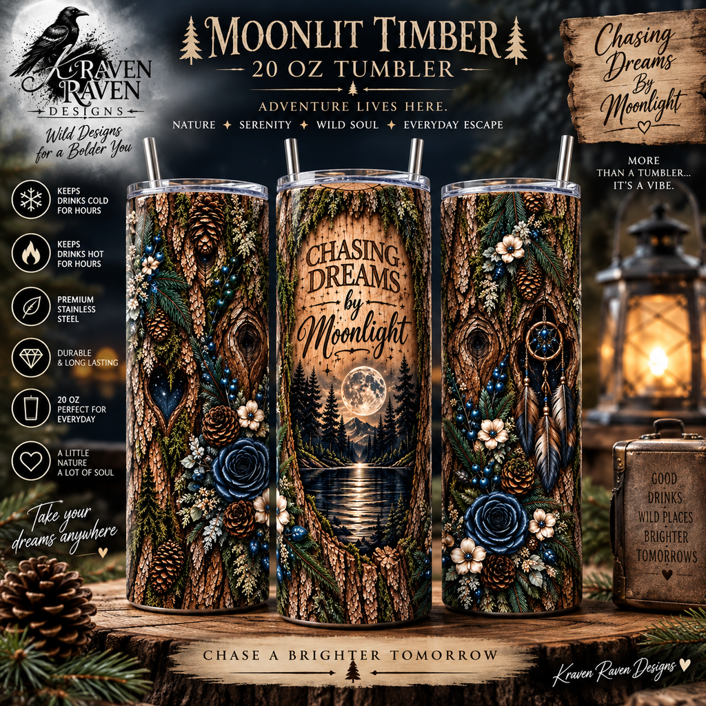 Moonlit Timber 20oz Tumbler — “Chasing Dreams by Moonlight” Rustic Woodland Travel Cup