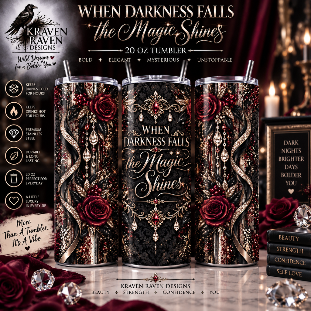 Champagne After Dark 20oz Tumbler — “When Darkness Falls, the Magic Shines” Gothic Floral Travel Cup