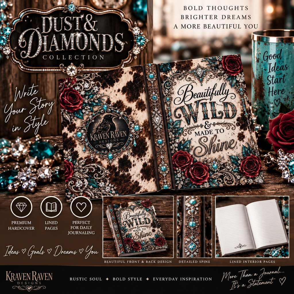 Dust & Diamonds Hardcover Journal — “Beautifully Wild & Made to Shine” Western Cowhide Lined Notebook