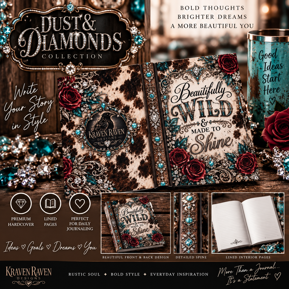 Dust & Diamonds Hardcover Journal — “Beautifully Wild & Made to Shine” Western Cowhide Lined Notebook