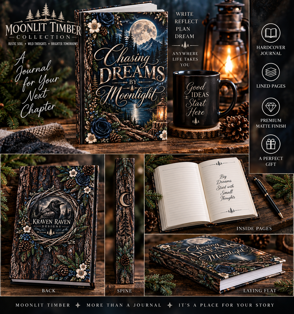 Moonlit Timber Hardcover Journal — “Chasing Dreams by Moonlight” Rustic Woodland Lined Notebook