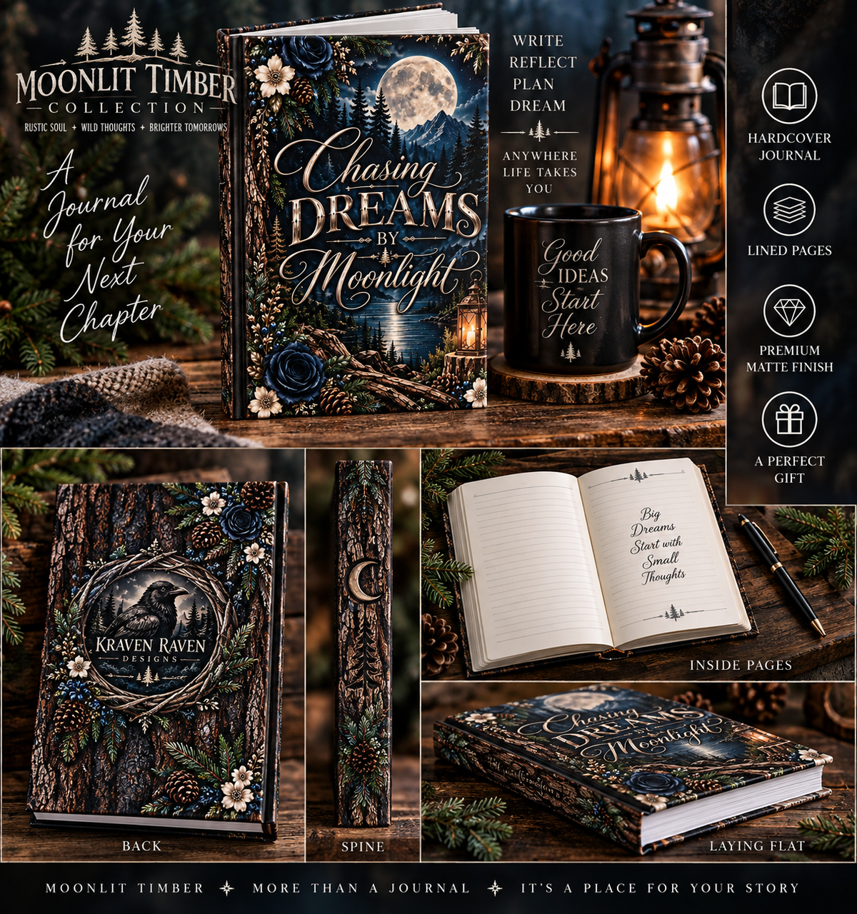 Moonlit Timber Hardcover Journal — “Chasing Dreams by Moonlight” Rustic Woodland Lined Notebook