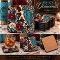 Dust & Diamonds Corkwood Coaster Set — Cowhide, Burgundy Roses & Turquoise Western