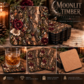 Moonlit Timber Corkwood Coaster Set — Rustic Bark, Burgundy Florals & Crystal Woodland Design