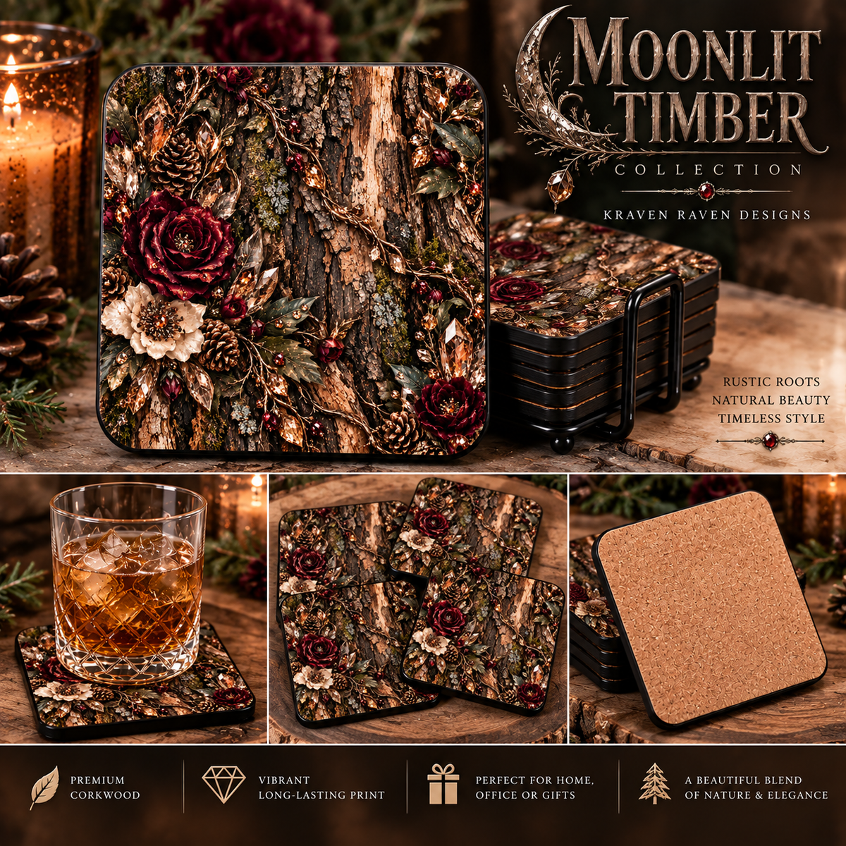 Moonlit Timber Corkwood Coaster Set — Rustic Bark, Burgundy Florals & Crystal Woodland Design
