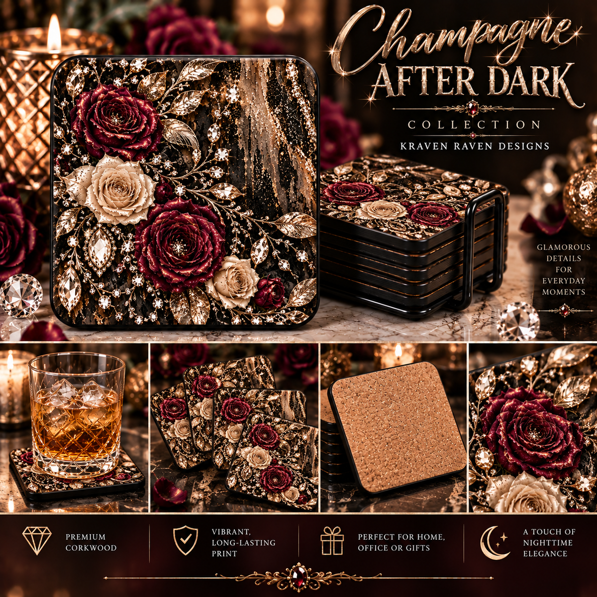 Champagne After Dark Corkwood Coaster Set — Burgundy Roses, Champagne Florals & Crystal