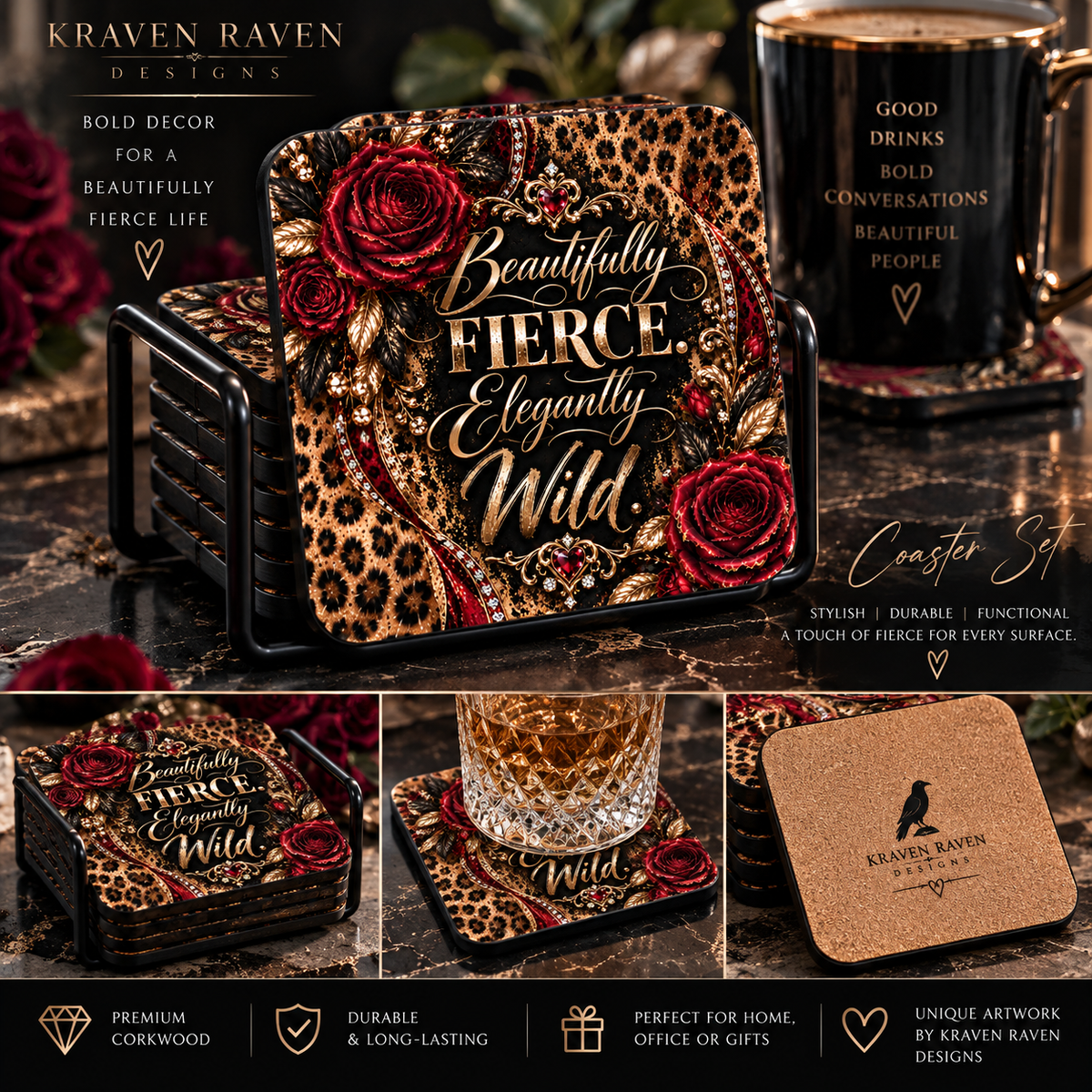 Wildly In Love Corkwood Coaster Set — “Beautifully Fierce, Elegantly Wild” Leopard & Burgundy Roses