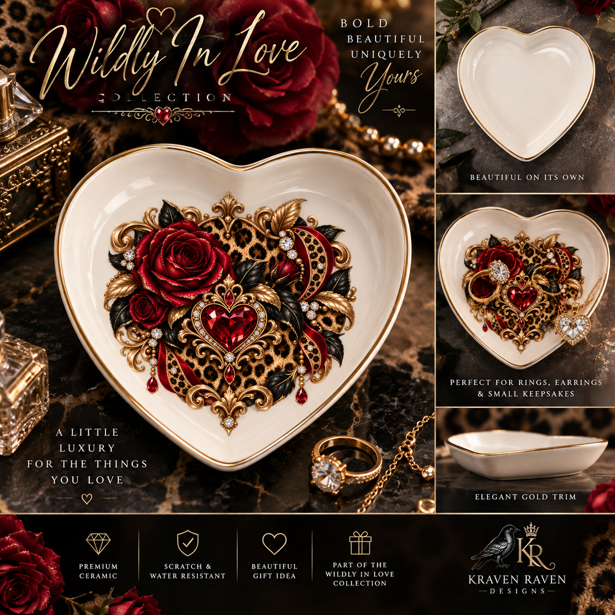 Wildly In Love Heart Ceramic Trinket Tray — Leopard Print, Burgundy Roses & Ruby Heart