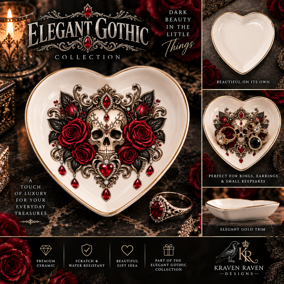 Elegant Gothic Heart Ceramic Trinket Tray — Skull, Burgundy Roses & Ruby Jewels
