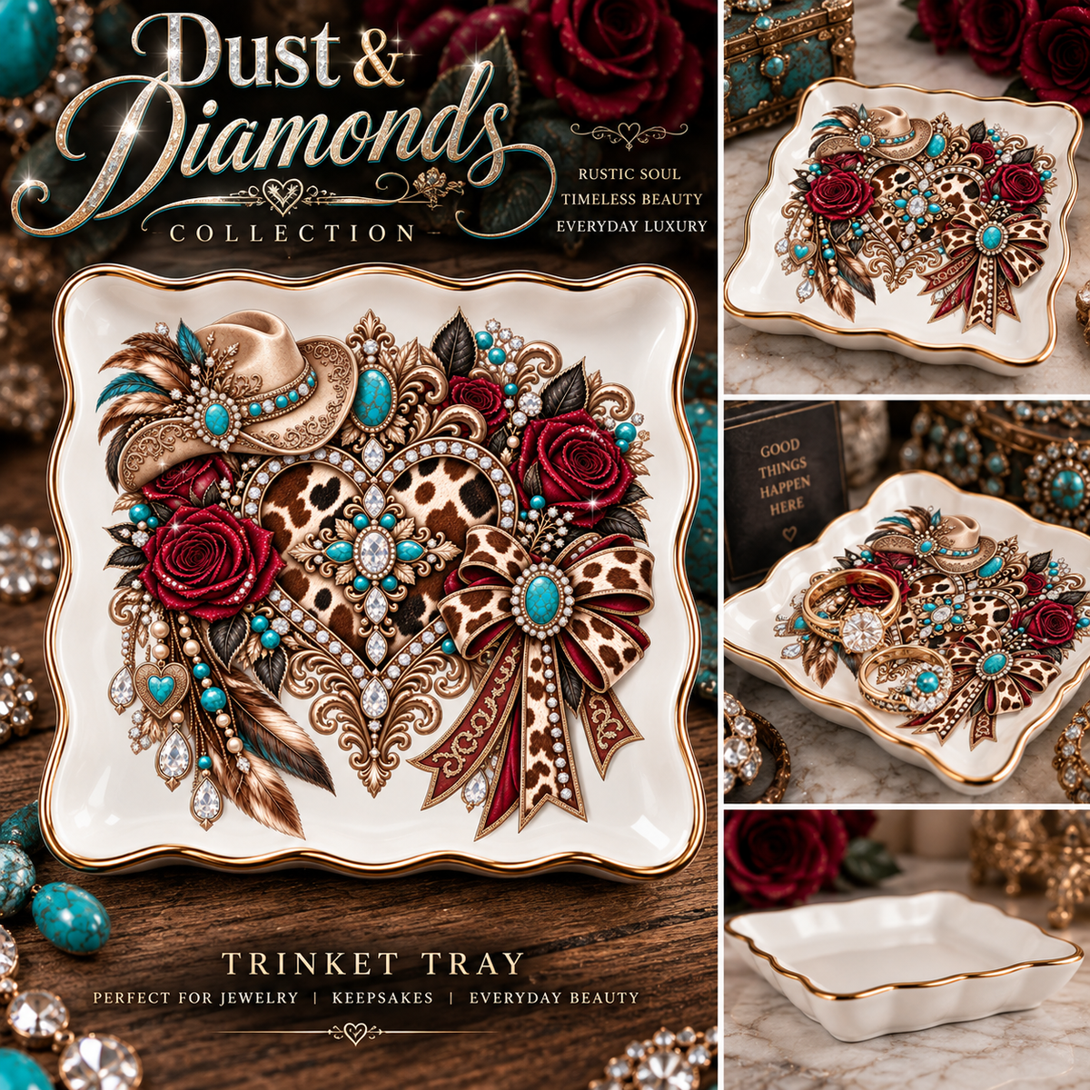 Dust & Diamonds Scalloped Ceramic Trinket Tray — Cowhide, Burgundy Roses & Turquoise