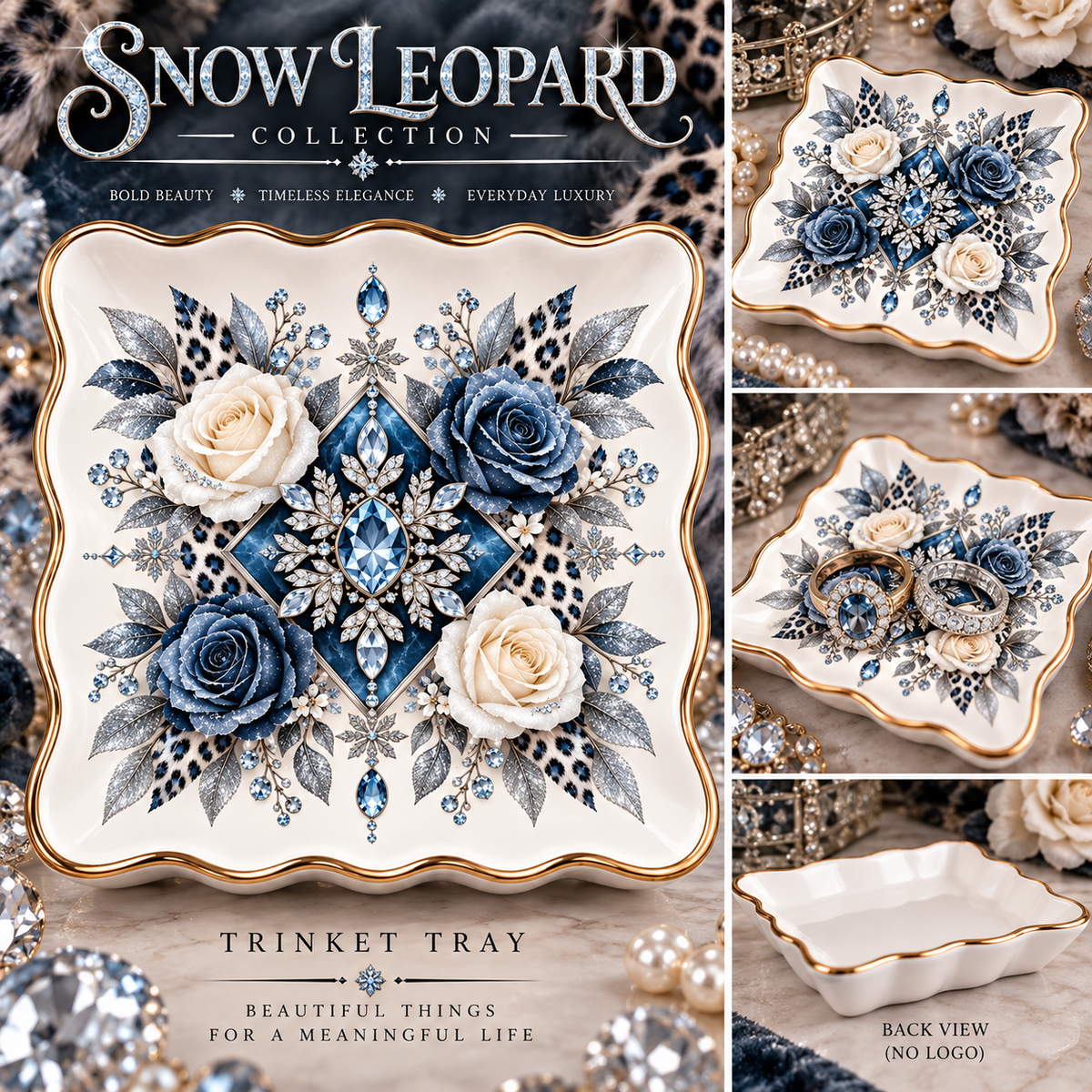 Snow Leopard Scalloped Ceramic Trinket Tray — Icy Blue Roses, Crystals & Winter