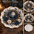 Moonlit Timber Wavy Round Ceramic Trinket Tray — Moonlit Forest, Navy Roses & Crystal Woodland Design