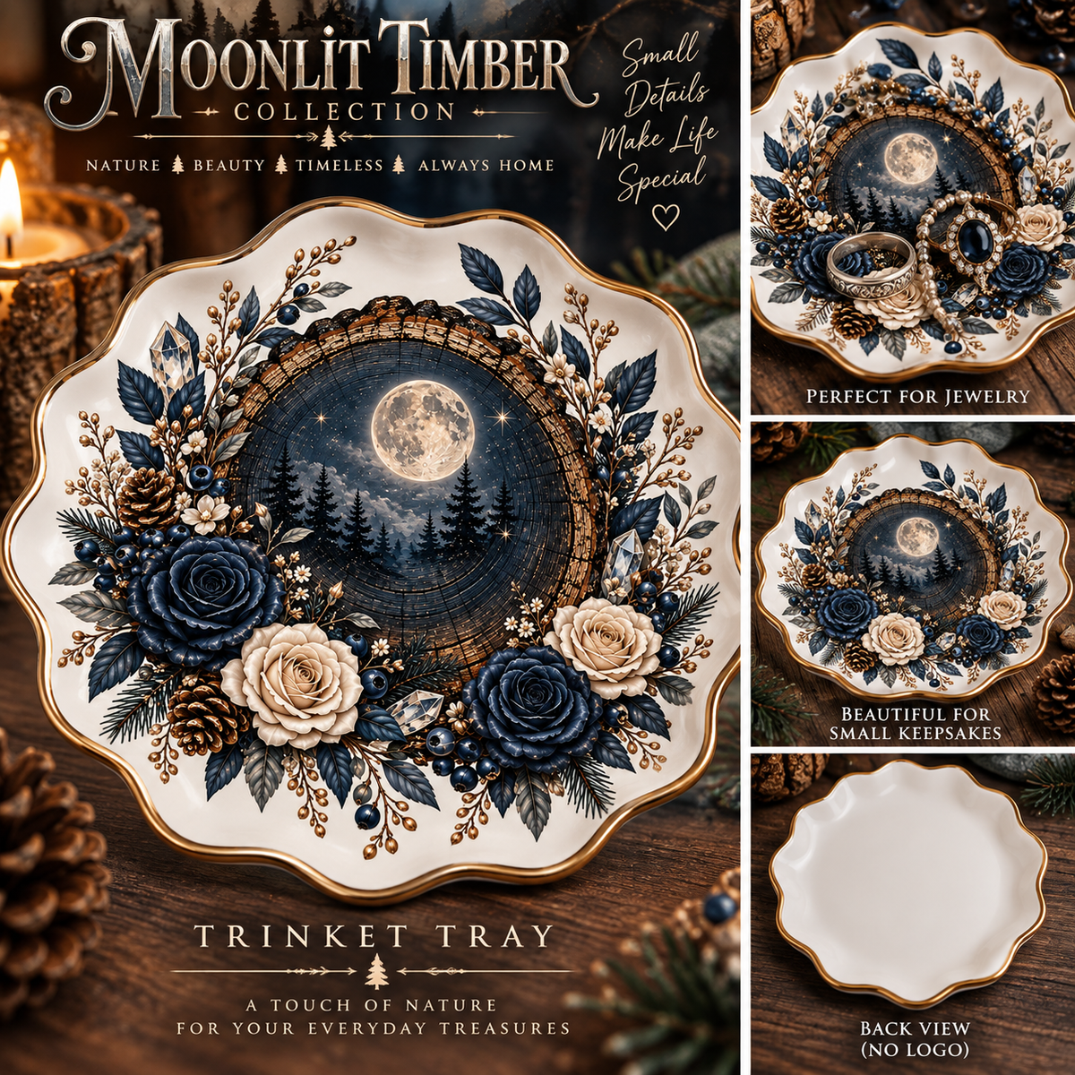 Moonlit Timber Wavy Round Ceramic Trinket Tray — Moonlit Forest, Navy Roses & Crystal Woodland Design