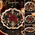 Champagne After Dark Wavy Round Ceramic Trinket Tray — Burgundy Roses, Black Florals & Crystal