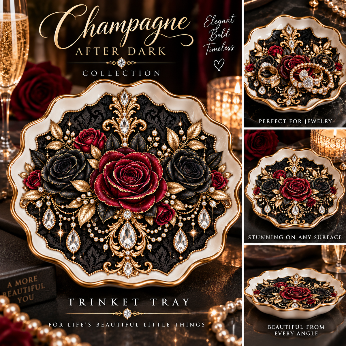 Champagne After Dark Wavy Round Ceramic Trinket Tray — Burgundy Roses, Black Florals & Crystal