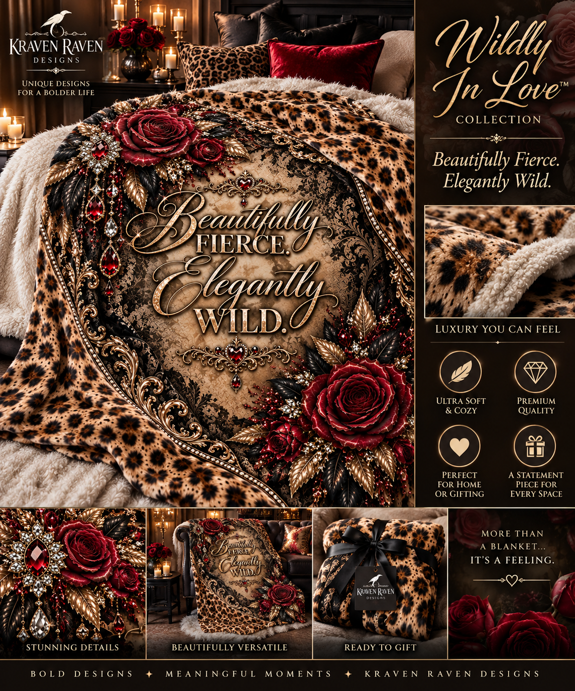 Wildly In Love™ Beautifully Fierce. Elegantly Wild. | Luxury Leopard & Burgundy Rose Throw | Kraven Raven Designs