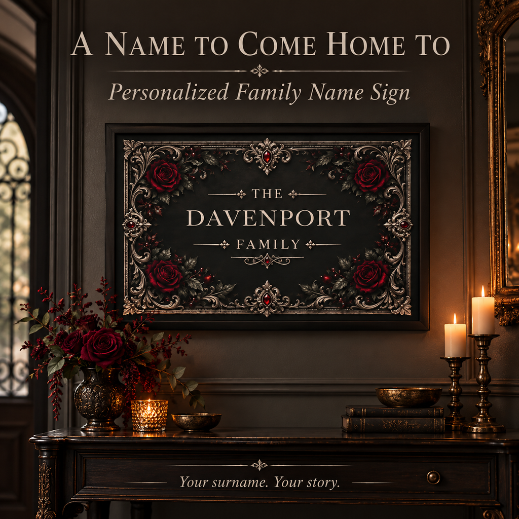 Personalized Elegant Gothic Family Name Sign | Black Framed Wall Art, 24 × 16