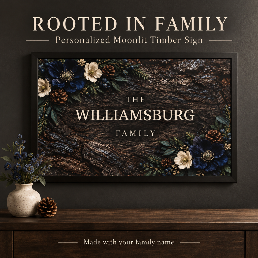 Personalized Moonlit Timber Family Name Sign | Black Framed Wall Art, 24 × 16