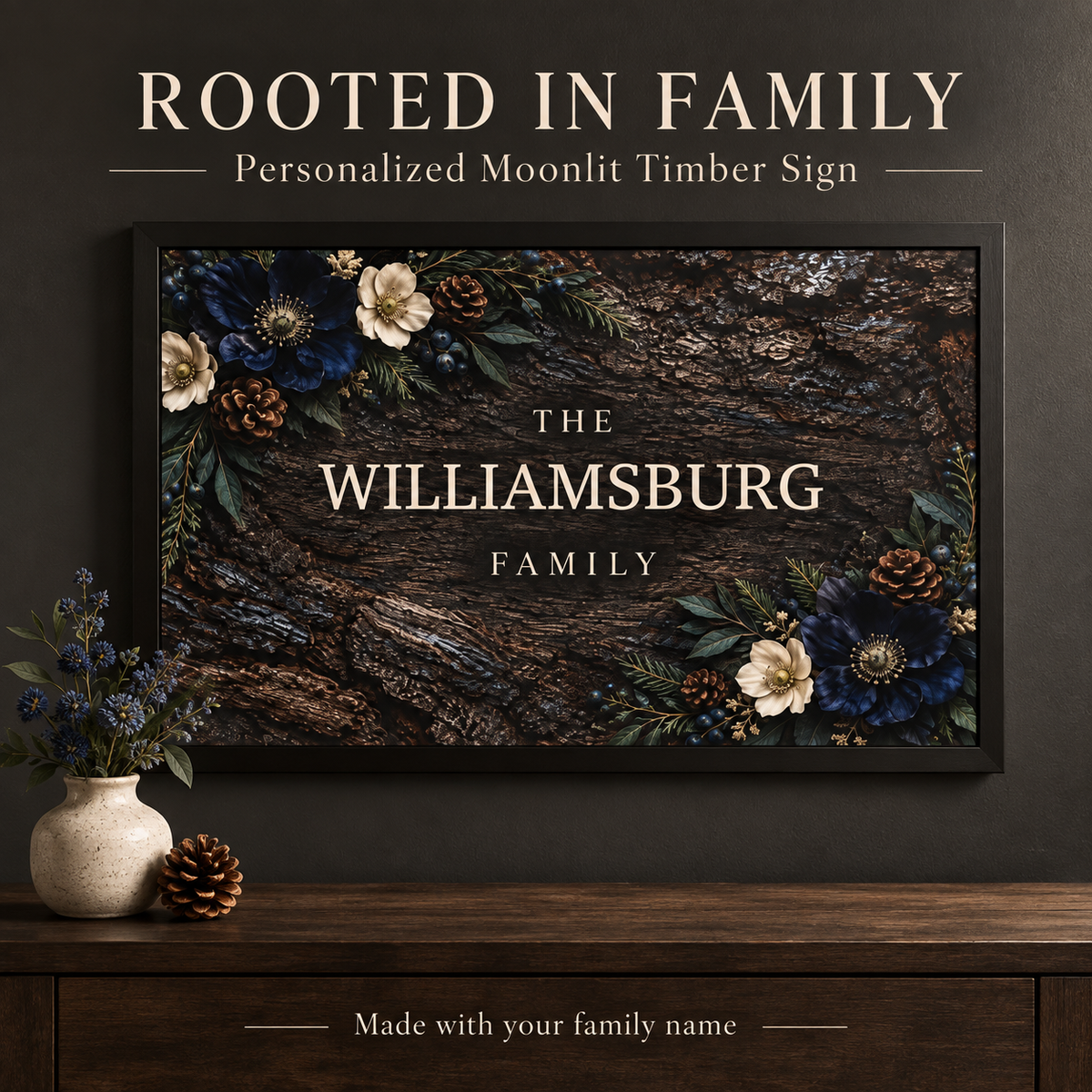 Personalized Moonlit Timber Family Name Sign | Black Framed Wall Art, 24 × 16